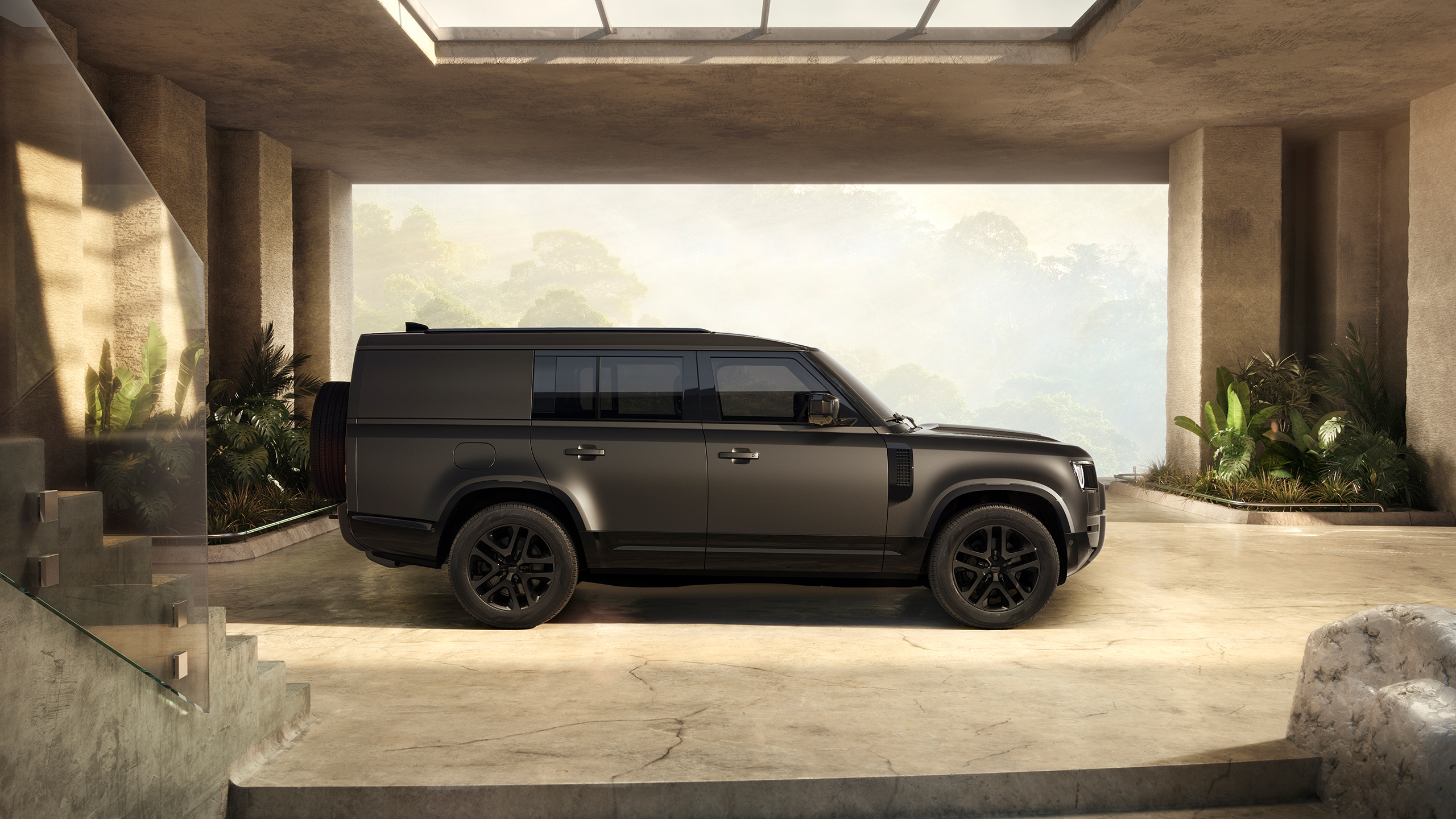 Defender parked in luxury stone parking